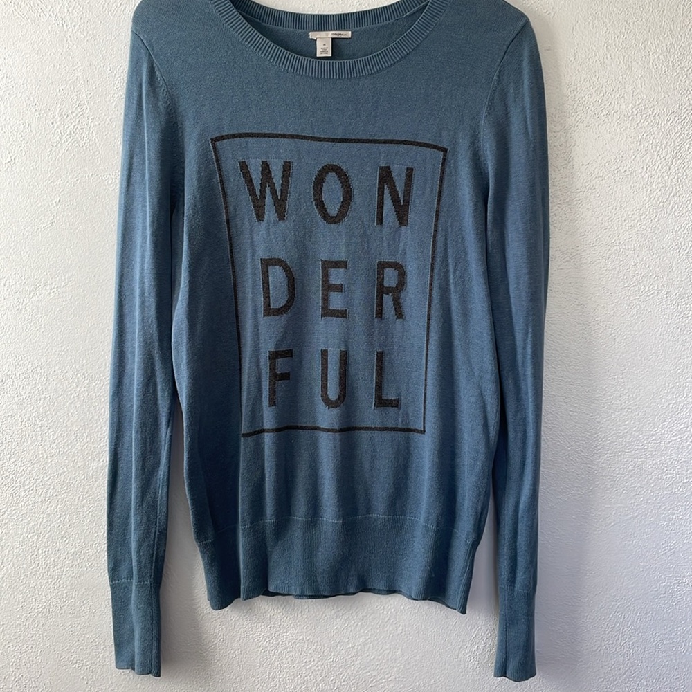 Halogen "Wonderful" Graphic Lightweight Blue Pullover Crew Sweater Size Medium
